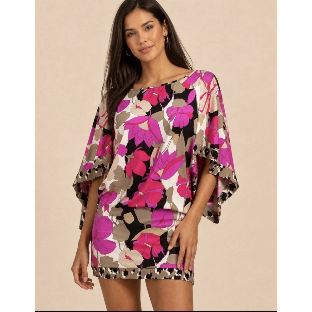 Trina Turk Lynx Caftan Kaftan Cover Up Tunic Dress M Pink Black Resort Vacation
